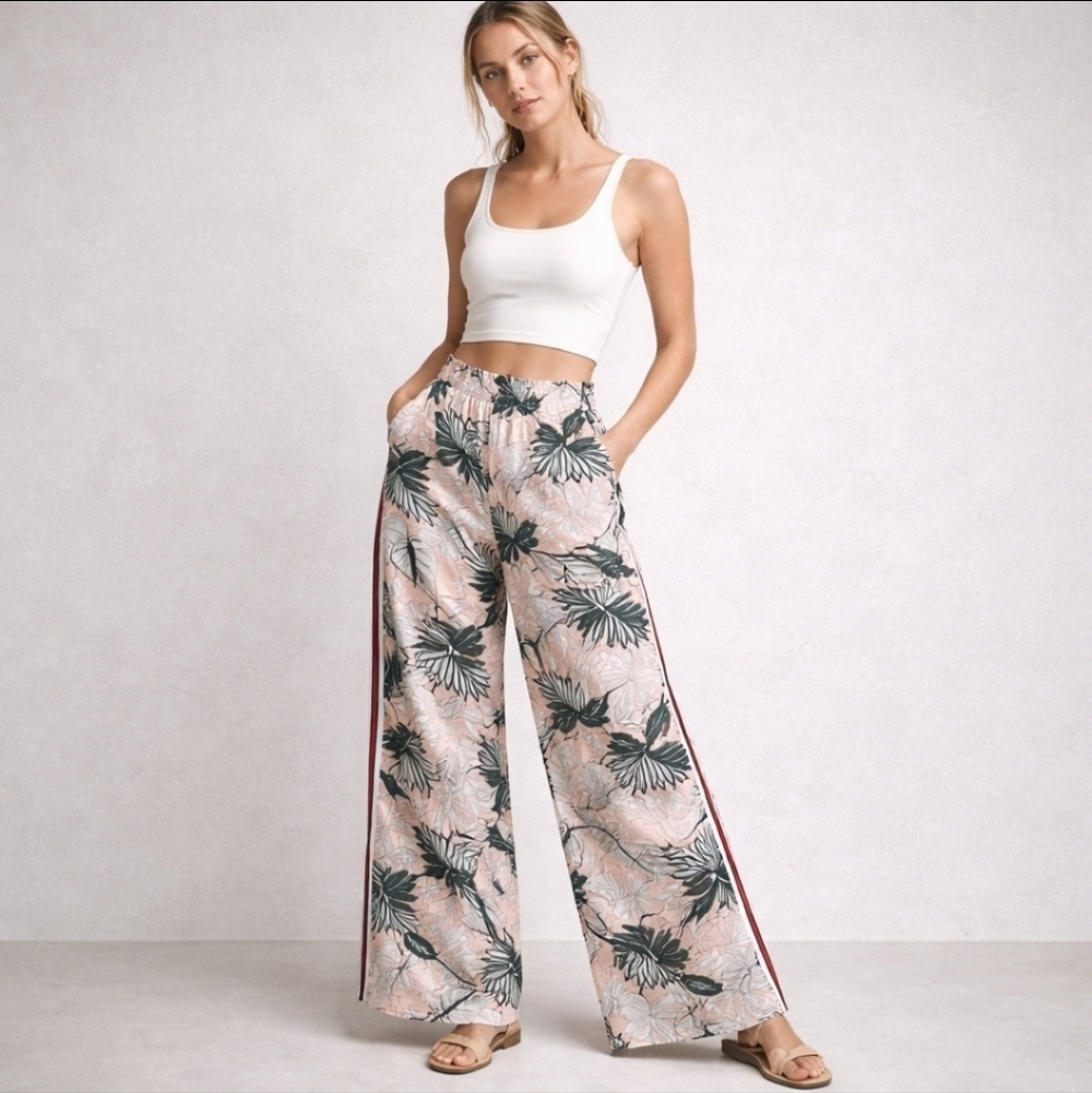 2XTREMZ Tropical Wide Leg Pants Pink Floral Stripe Resort Lounge Size S